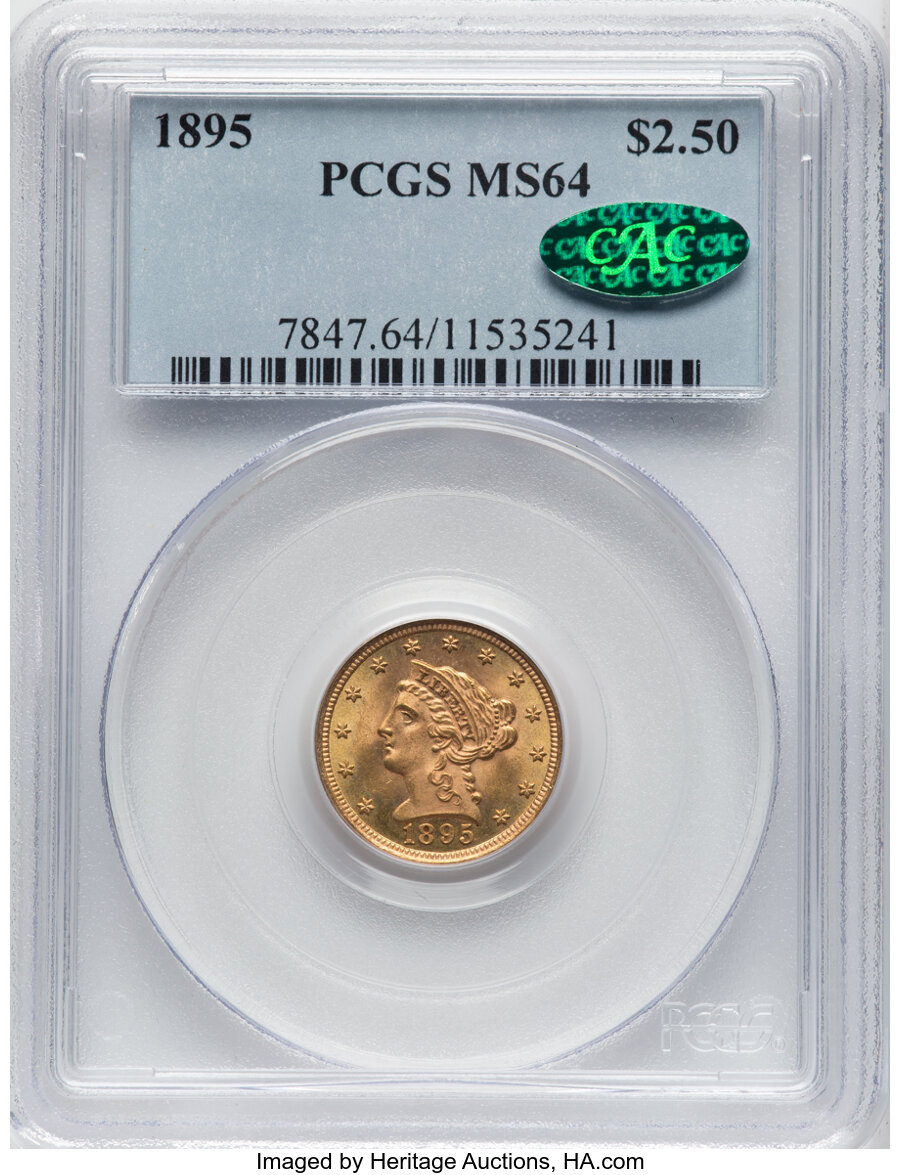 1895 $2 1/2 MS64 PCGS. CAC. CAC Population: (13/15). Mintage 6,000. ...
