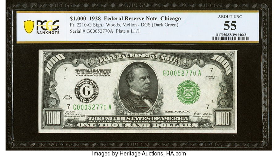Fr. 2210-G $1,000 1928 Federal Reserve Note. PCGS Banknote About Unc 55....