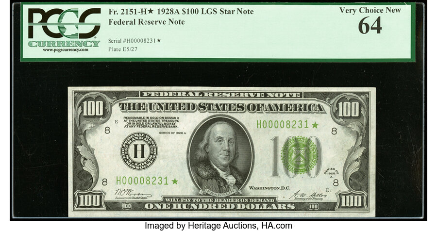 Fr. 2151-H* $100 1928A Light Green Seal Federal Reserve Star Note. PCGS Very Choice New 64....