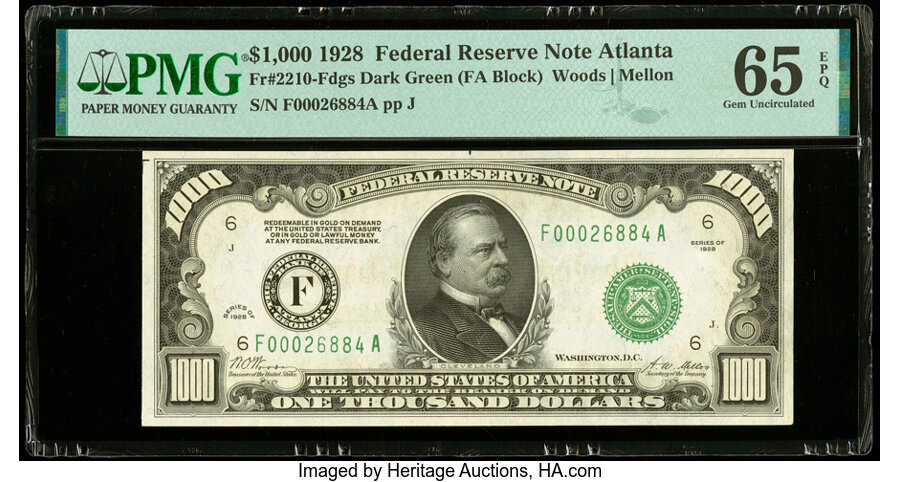 Fr. 2210-F $1,000 1928 Dark Green Seal Federal Reserve Note. PMG Gem Uncirculated 65 EPQ....