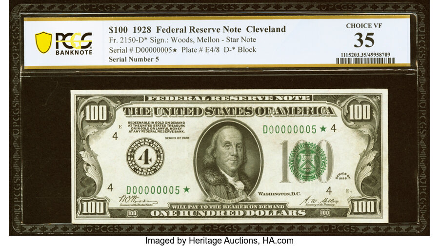 Low Serial 00000005* Fr. 2150-D* $100 1928 Federal Reserve Star Note. PCGS Banknote Choice VF 35....