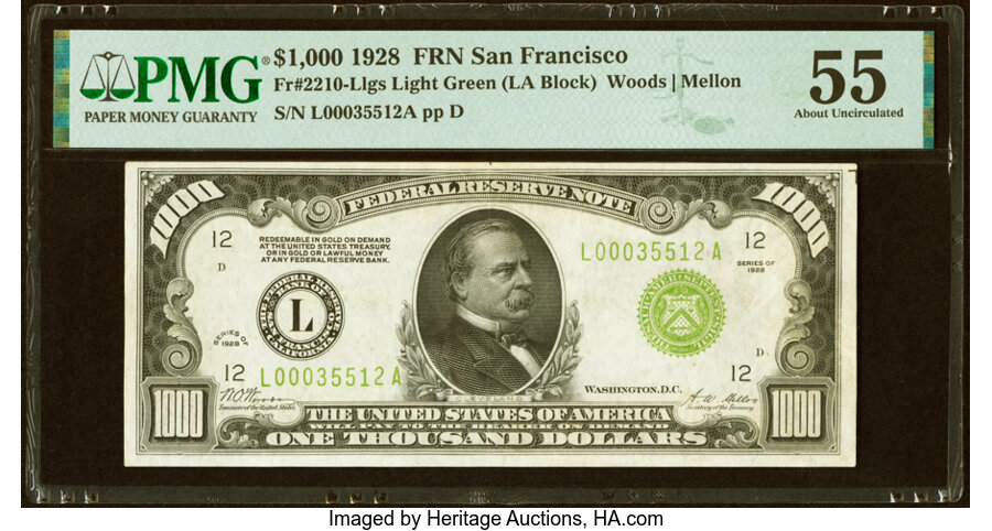 Fr. 2210-L $1,000 1928 Light Green Seal Federal Reserve Note. PMG About Uncirculated 55....