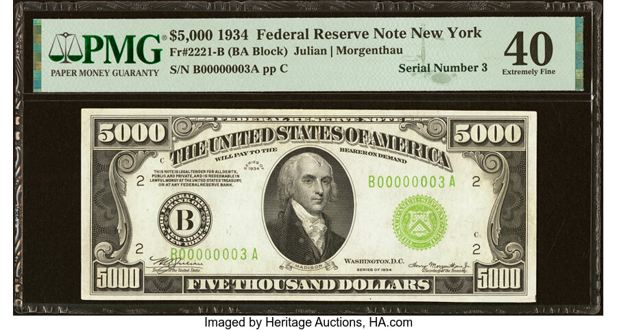 Serial Number 3 Fr. 2221-B $5,000 1934 Federal Reserve Note. PMG Extremely Fine 40....
