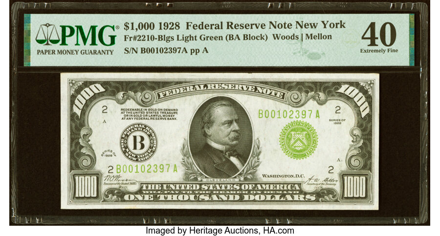 Fr. 2210-B $1,000 1928 Light Green Seal Federal Reserve Note. PMG Extremely Fine 40....