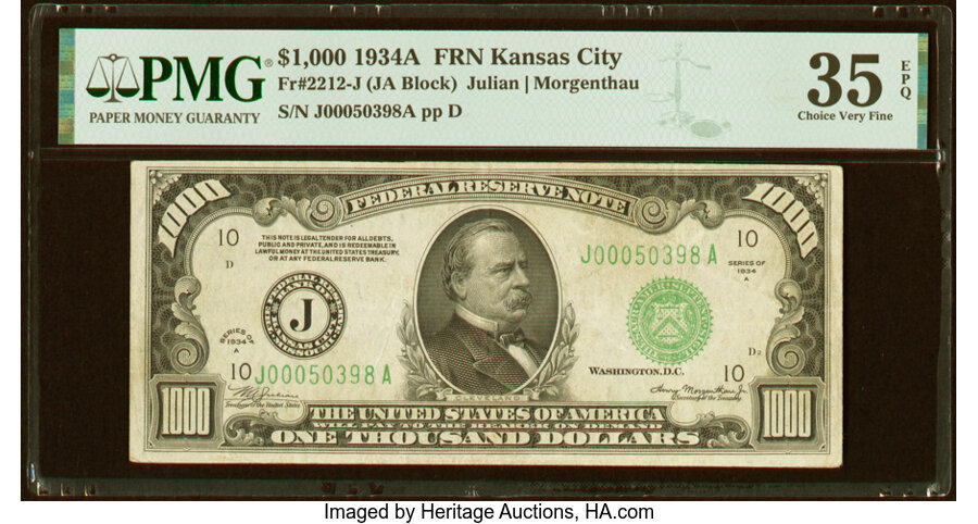 Fr. 2212-J $1,000 1934A Federal Reserve Note. PMG Choice Very Fine 35 EPQ....