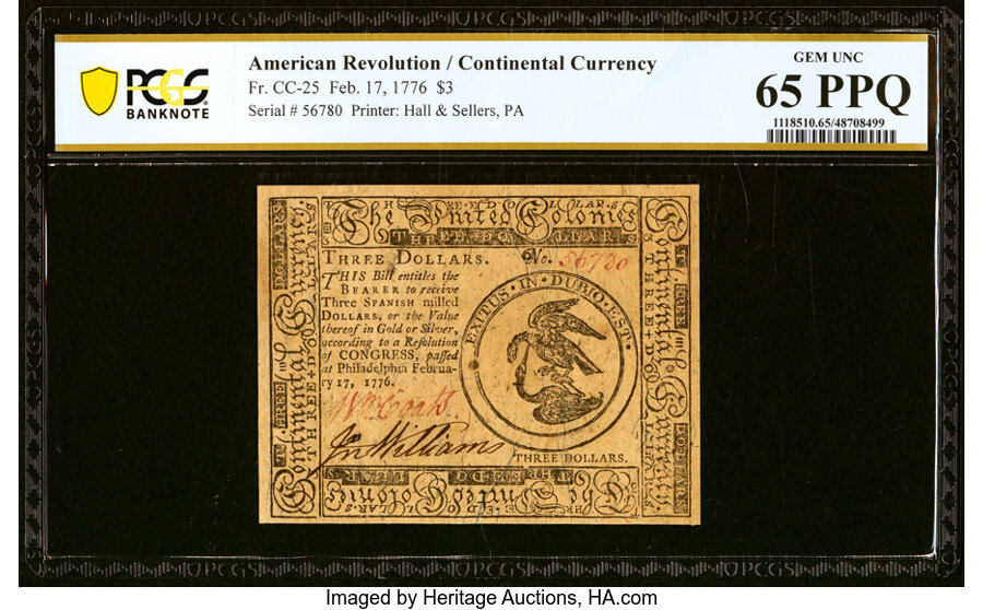 Continental Currency February 17, 1776 $3 PCGS Banknote Gem Unc 65 PPQ....