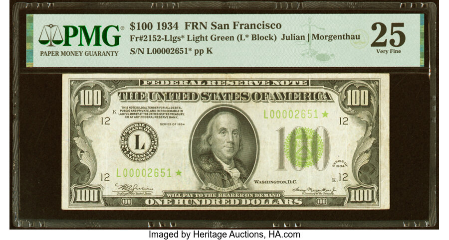 Fr. 2152-L* $100 1934 Light Green Seal Federal Reserve Star Note. PMG Very Fine 25....