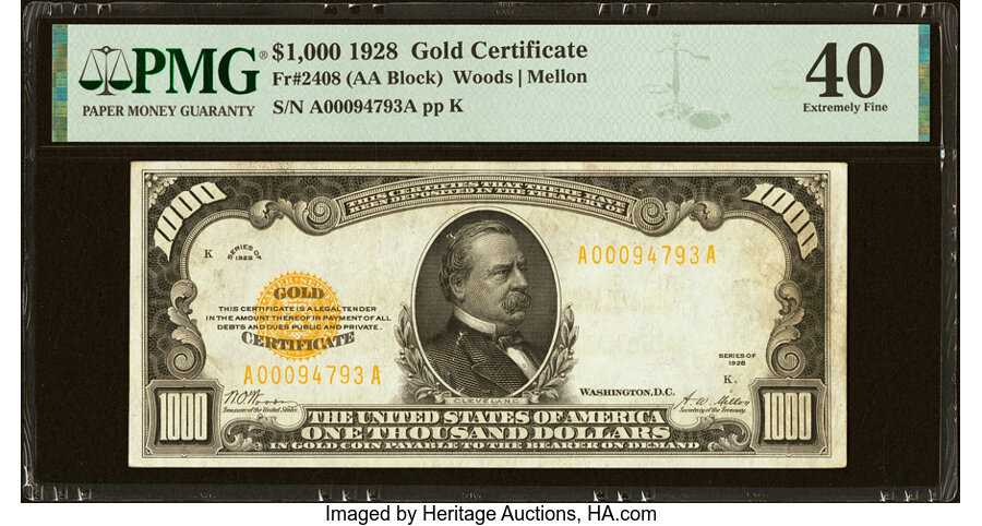 Fr. 2408 $1,000 1928 Gold Certificate. PMG Extremely Fine 40....