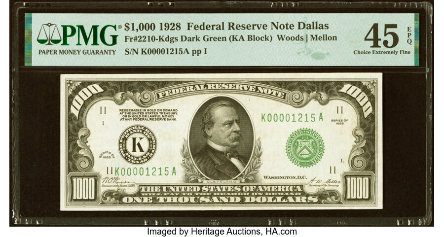 Fr. 2210-K $1,000 1928 Federal Reserve Note. PMG Choice Extremely Fine 45 EPQ....