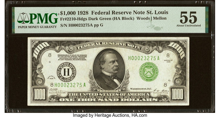 Fr. 2210-H $1,000 1928 Federal Reserve Note. PMG About Uncirculated 55....