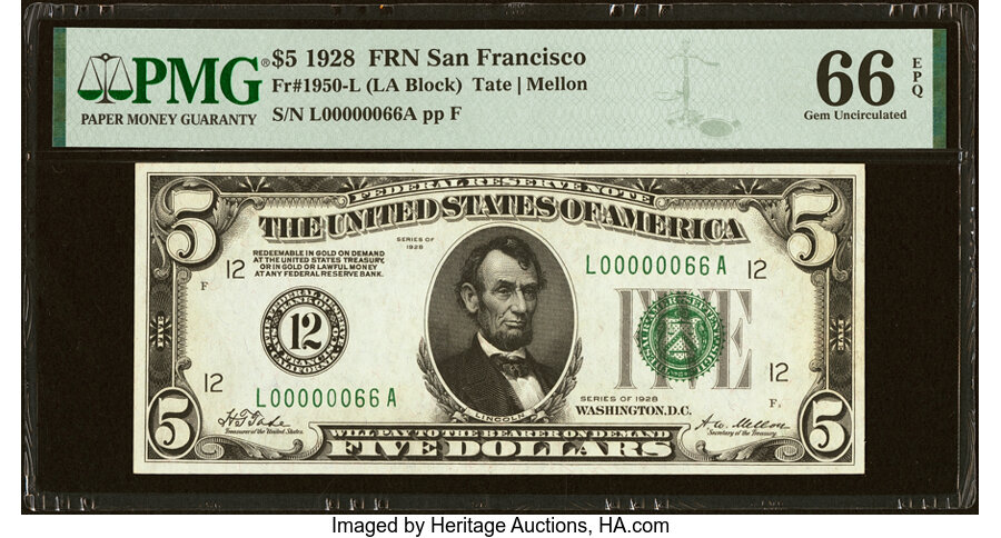Low Serial Number 66 Fr. 1950-L $5 1928 Federal Reserve Note. PMG Gem Uncirculated 66 EPQ....