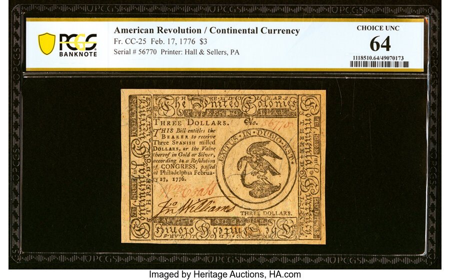 Continental Currency February 17, 1776 $3 PCGS Banknote Choice Unc 64....