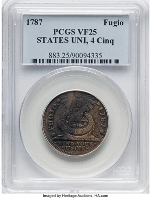 image for: 1787 Fugio Cent, STATES UNITED, 4 Cinquefoils, Pointed Rays, N. 17-S, W-6935, R.3, VF25 PCGS. PCGS Population: (0/4)....