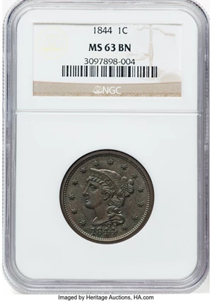 image for: 1844 1C N-4, R.1, MS63 Brown NGC. NGC Census: (1/3). Mintage 2,398,752....