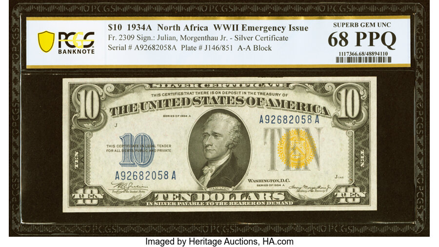 Fr. 2309 $10 1934A North Africa Silver Certificate. PCGS Banknote Superb Gem Unc 68 PPQ....