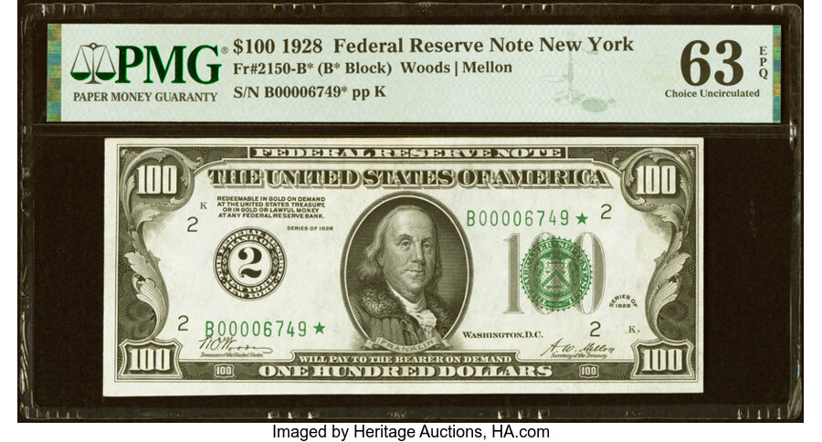 Fr. 2150-B* $100 1928 Federal Reserve Star Note. PMG Choice Uncirculated 63 EPQ....