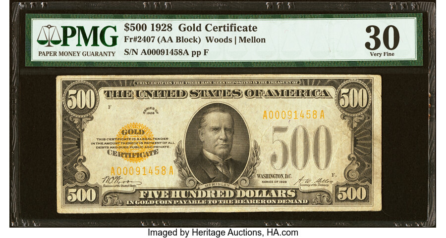 Fr. 2407 $500 1928 Gold Certificate. PMG Very Fine 30....