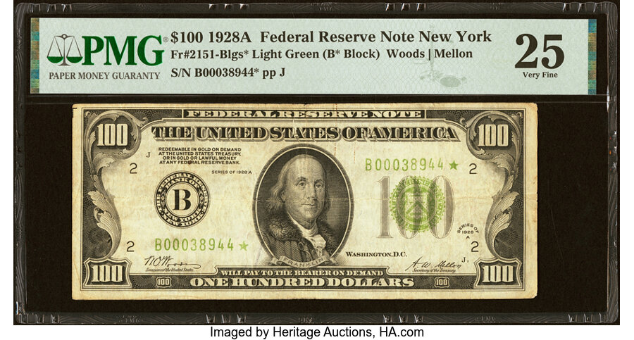 Fr. 2151-B* $100 1928A Light Green Seal Federal Reserve Star Note. PMG Very Fine 25....