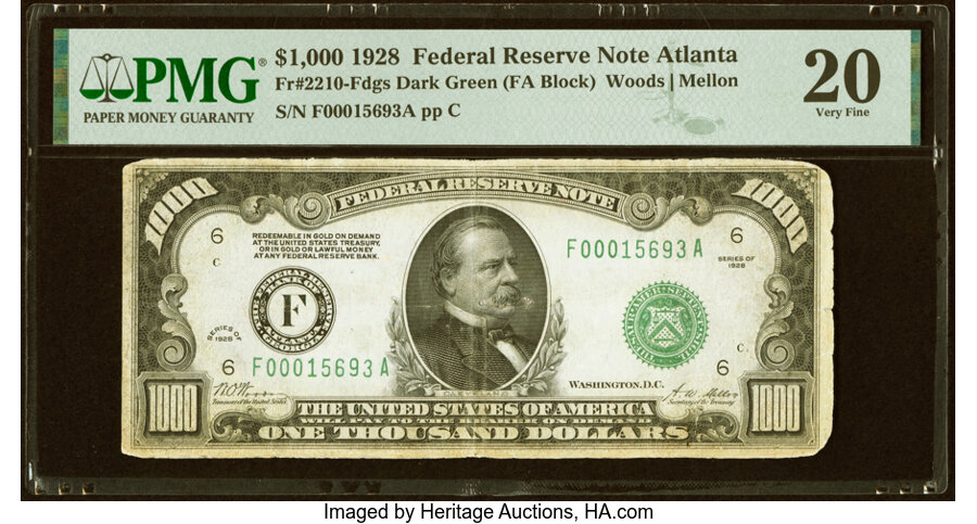 Fr. 2210-F $1,000 1928 Federal Reserve Note. PMG Very Fine 20....