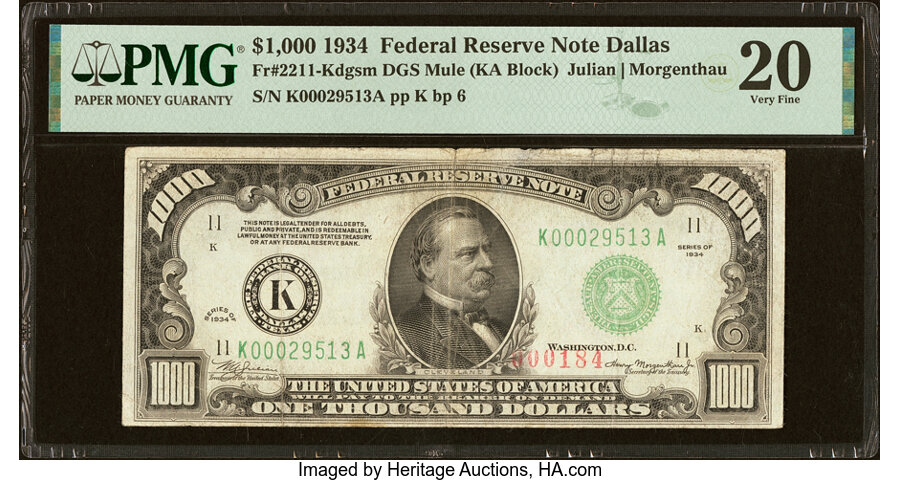 Fr. 2211-K $1,000 1934 Federal Reserve Note. PMG Very Fine 20....