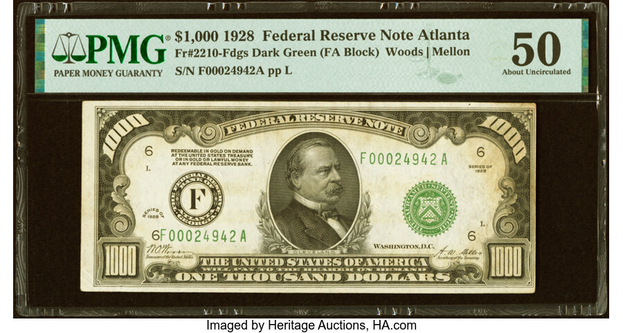 Fr. 2210-F $1,000 1928 Federal Reserve Note. PMG About Uncirculated 50....