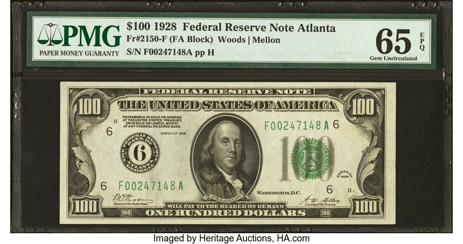 Fr. 2150-F $100 1928 Federal Reserve Note. PMG Gem Uncirculated 65 EPQ....