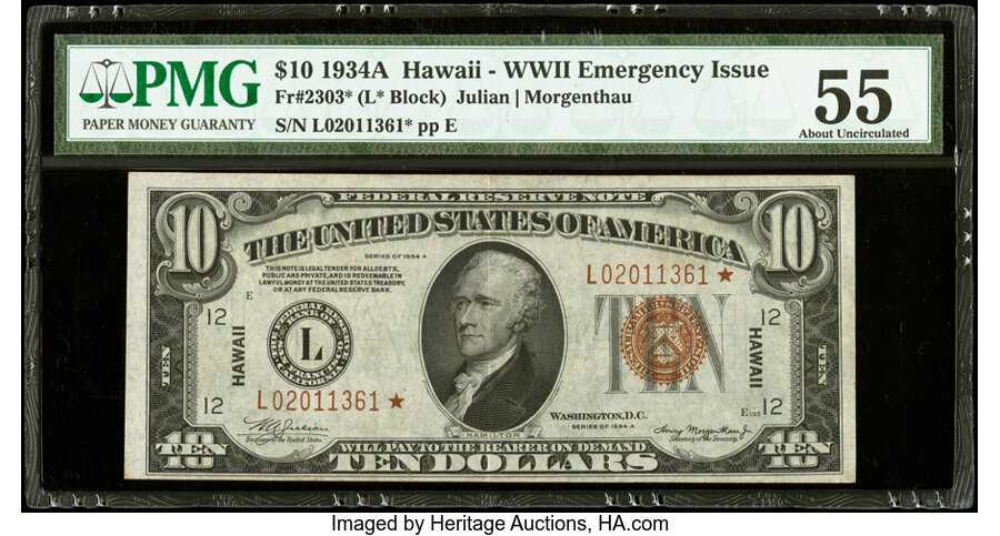 Fr. 2303* $10 1934A Hawaii Federal Reserve Star Note. PMG About Uncirculated 55....
