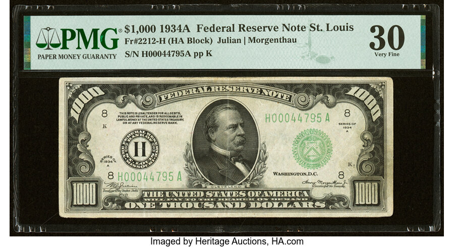 Fr. 2212-H $1,000 1934A Federal Reserve Note. PMG Very Fine 30....