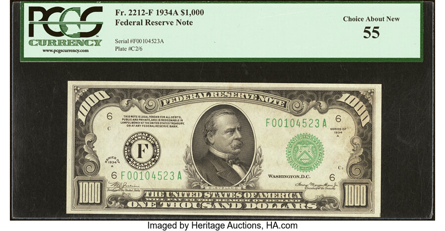 Fr. 2212-F $1,000 1934A Federal Reserve Note. PCGS Choice About New 55....