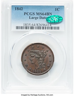 image for: 1842 1C Large Date, N-7, High R.3, MS64 Brown PCGS. CAC. CAC Population: (0/0). Mintage 2,383,390....