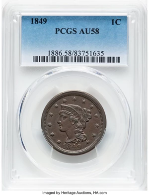 image for: 1849 1C N-12, R.2, AU58 PCGS. PCGS Population: (0/5). Mintage 4,178,500....