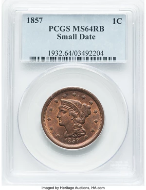 image for: 1857 1C Small Date, N-2, R.1, MS64 Red and Brown PCGS. This is the final year of large cent production for circulation (the...
