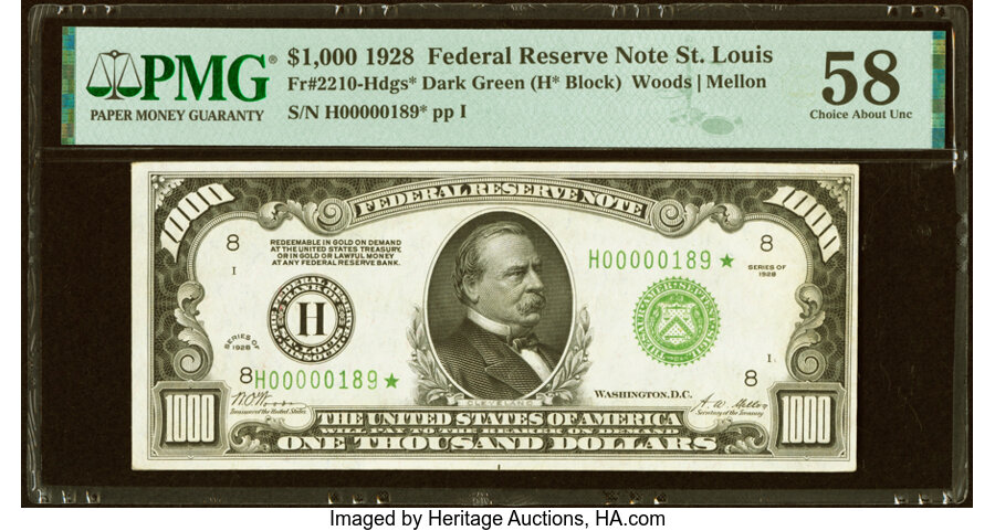 image for: Fr. 2210-H* $1,000 1928 Dark Green Seal Federal Reserve Star Note. PMG Choice About Unc 58....