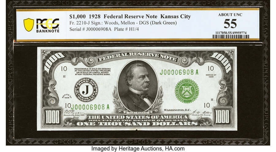 Fr. 2210-J $1,000 1928 Federal Reserve Note. PCGS Banknote About Unc 55....