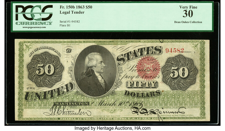 image for: Fr. 150b $50 1863 Legal Tender PCGS Very Fine 30....