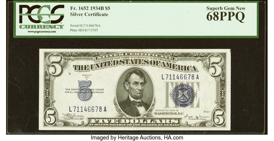 Fr. 1652 $5 1934B Silver Certificate. PCGS Superb Gem New 68PPQ....