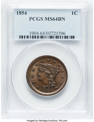 image for: 1854 1C N-14, Low R.2, MS64 Brown PCGS. PCGS Population: (5/0). Mintage 4,236,156....