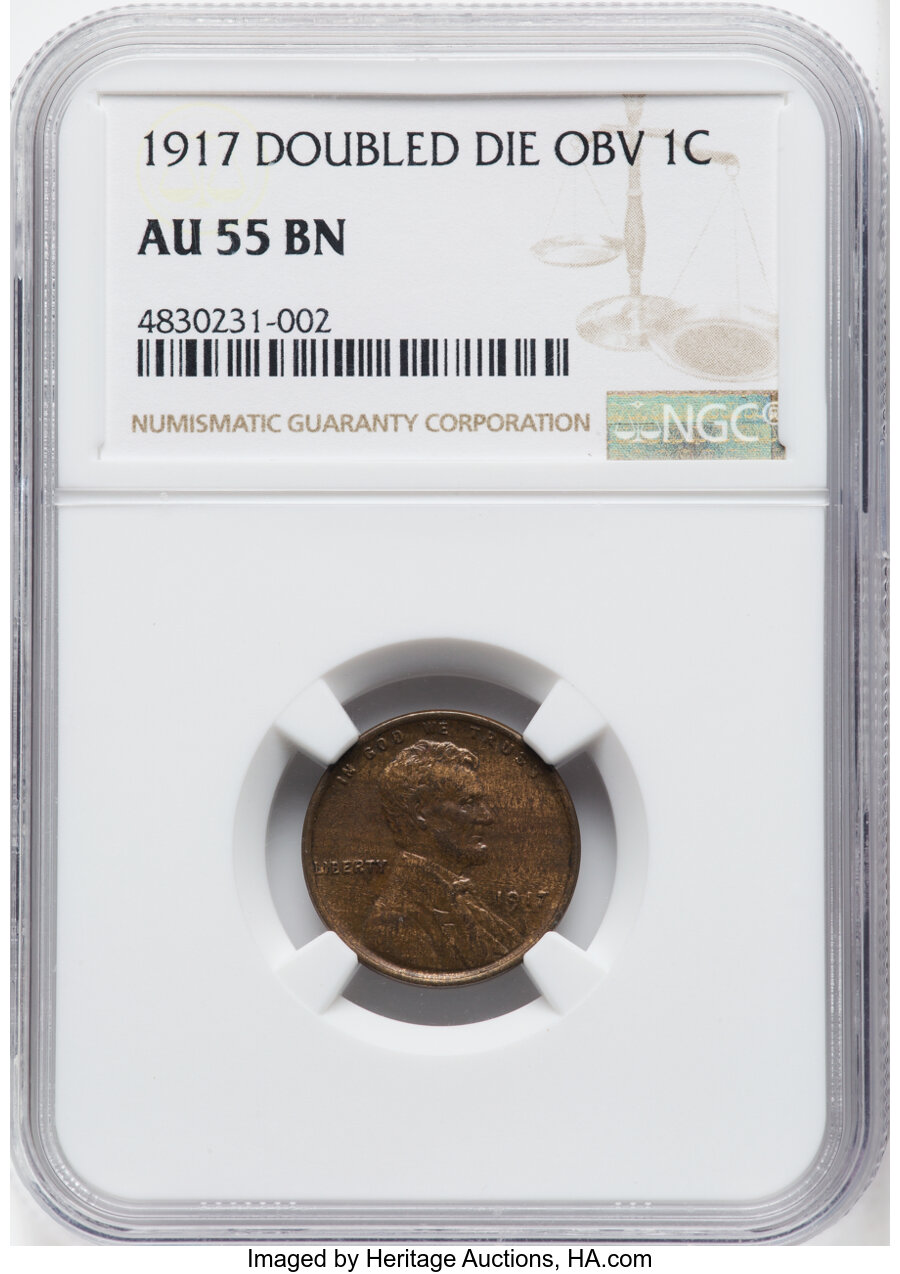 1917 1C Doubled Die Obverse, FS-101, AU55 NGC. NGC Census: (5/6). Mintage 196,429,785....