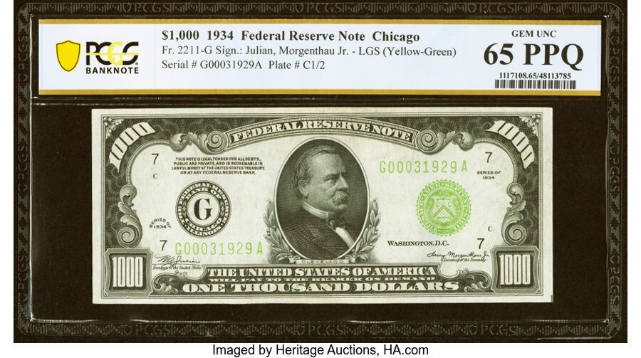 Fr. 2211-G $1,000 1934 Light Green Seal Federal Reserve Note. PCGS Banknote Gem Unc 65 PPQ....