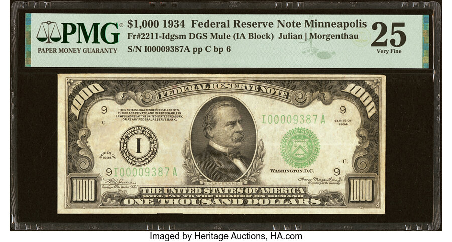 Fr. 2211-I $1,000 1934 Mule Federal Reserve Note. PMG Very Fine 25....