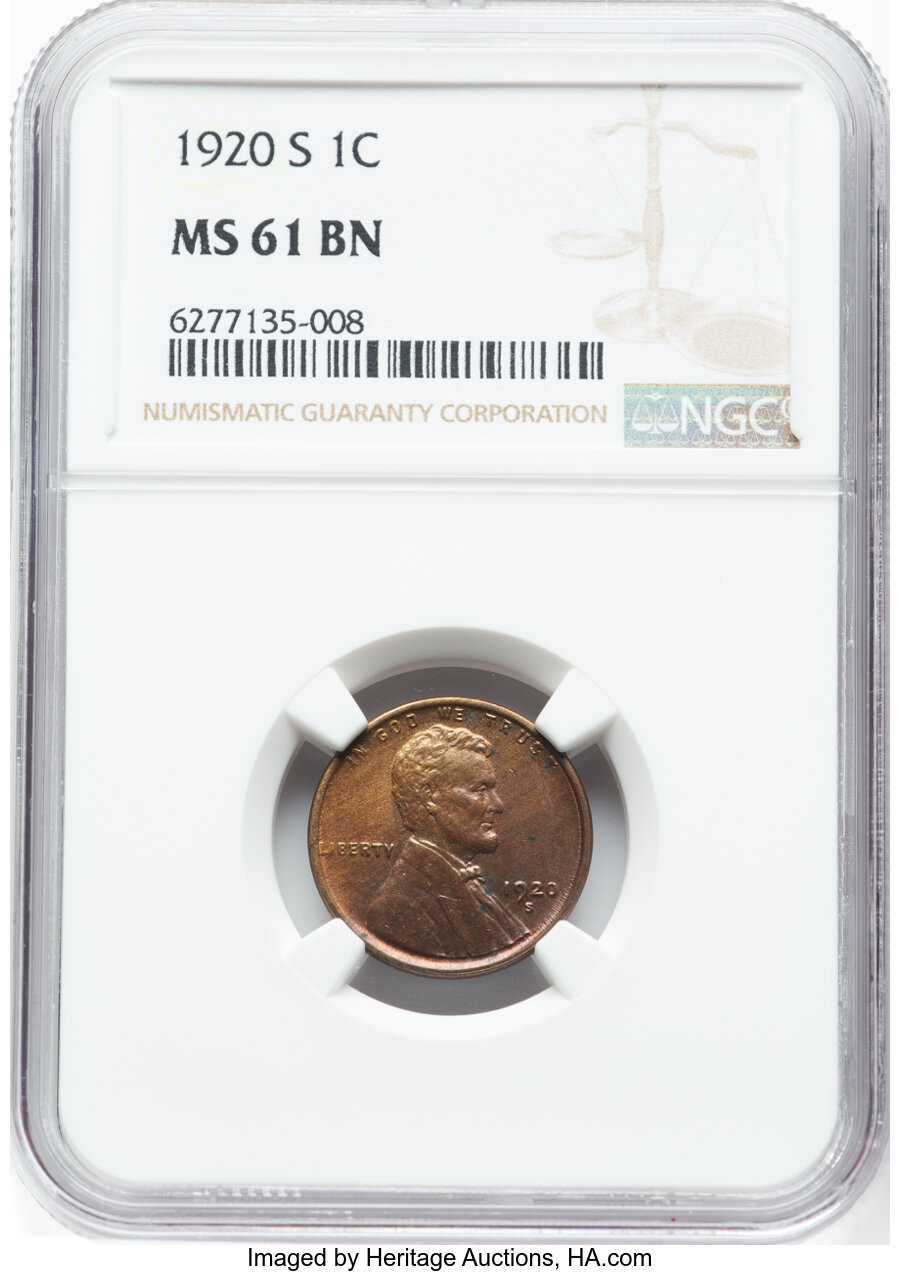 1920-S 1C MS61 Brown NGC. NGC Census: (14/212). Mintage 46,220,000. ...