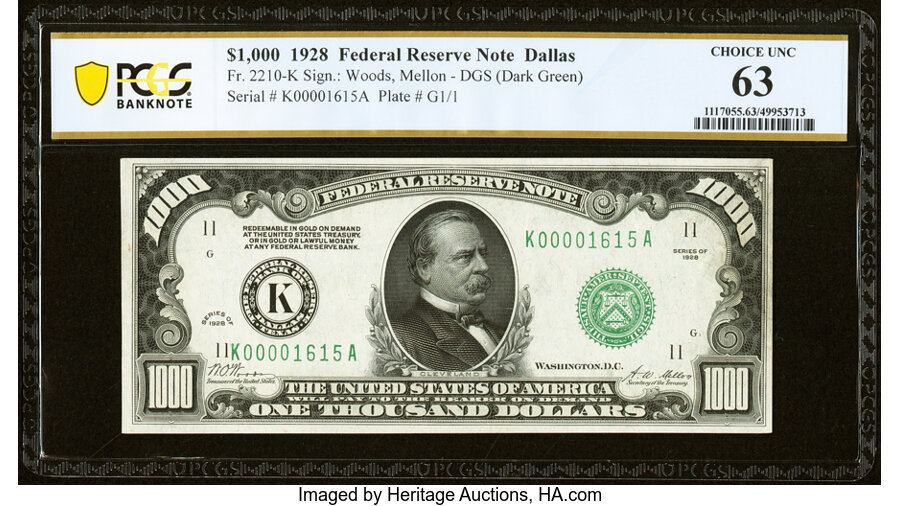 Fr. 2210-K $1,000 1928 Federal Reserve Note. PCGS Banknote Choice Unc 63....
