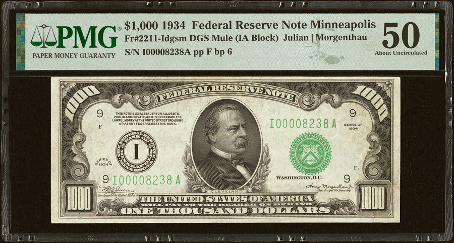 Fr. 2211-I $1,000 1934 Mule Federal Reserve Note. PMG About Uncirculated 50....