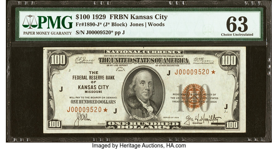 image for: Fr. 1890-J* $100 1929 Federal Reserve Bank Star Note. PMG Choice Uncirculated 63....