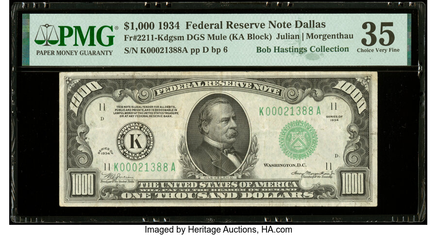 Fr. 2211-K $1,000 1934 Mule Federal Reserve Note. PMG Choice Very Fine 35....