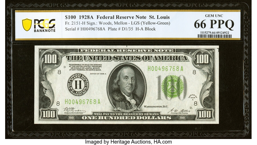 Fr. 2151-H $100 1928A Light Green Seal Federal Reserve Note. PCGS Banknote Gem Unc 66 PPQ....