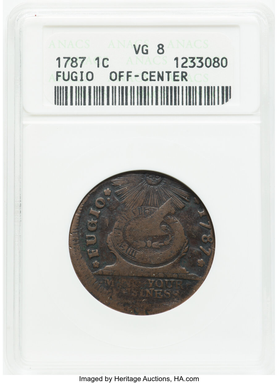 image for: 1787 1C Fugio Cent, UNITED STATES, 4 Cinquefoils, N. 21-I, W-7010, R.4 -- Off Center -- VG8 ANACS. ...