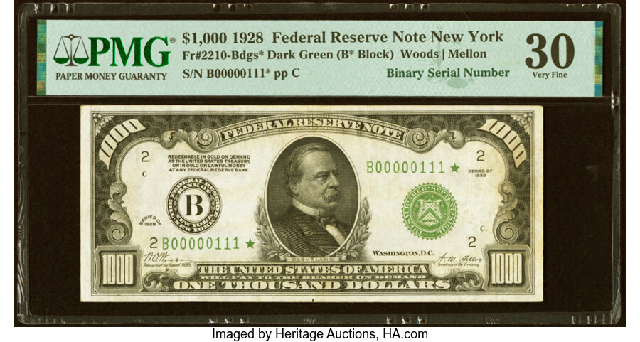 image for: Fr. 2210-B* $1,000 1928 Dark Green Seal Federal Reserve Star Note. PMG Very Fine 30....