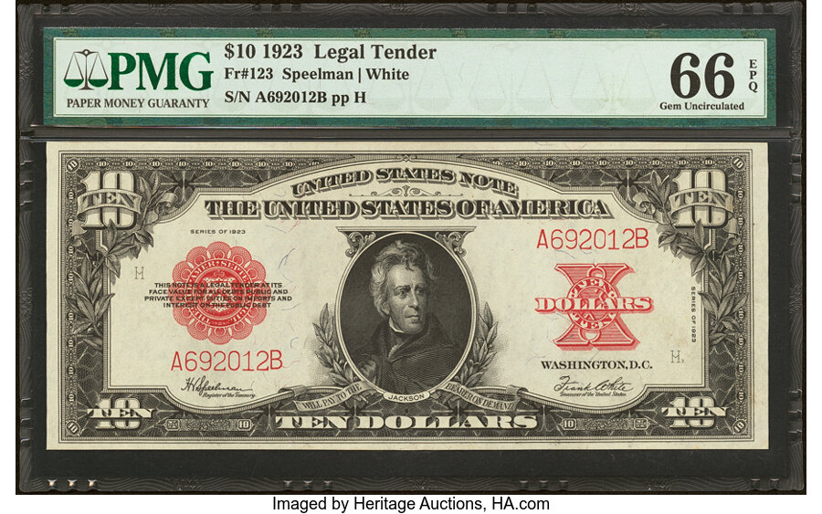 Fr. 123 $10 1923 Legal Tender PMG Gem Uncirculated 66 EPQ....
