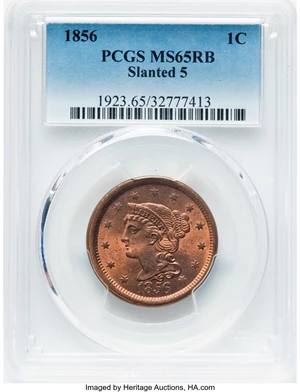 image for: 1856 1C Slanted 5, N-2, R.1, MS65 Brown PCGS. PCGS Population: (0/1)....